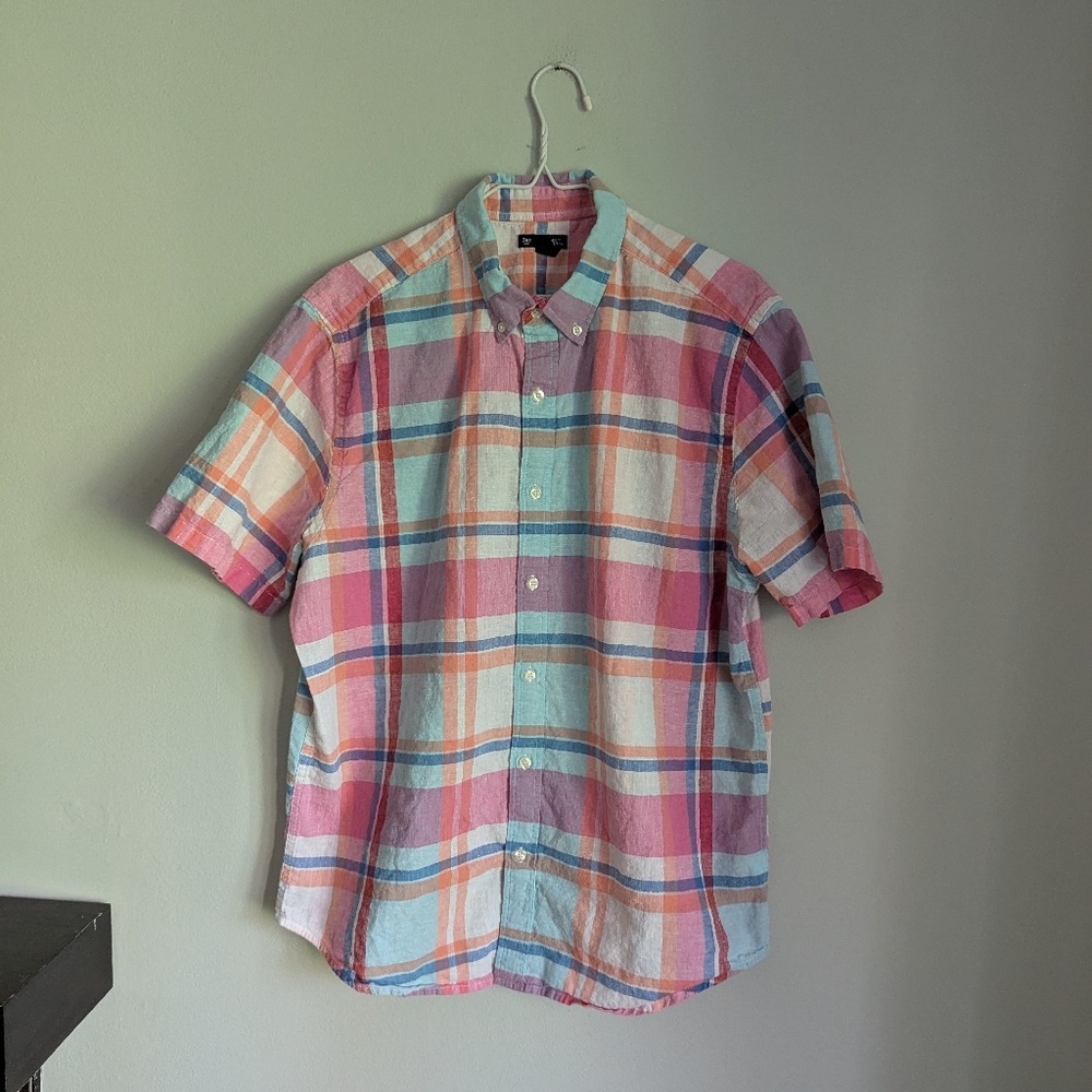 Gap Factory Classic Fit ButtonDown Shirt Mens LRG Plaid Pastel Linen Cotton 123